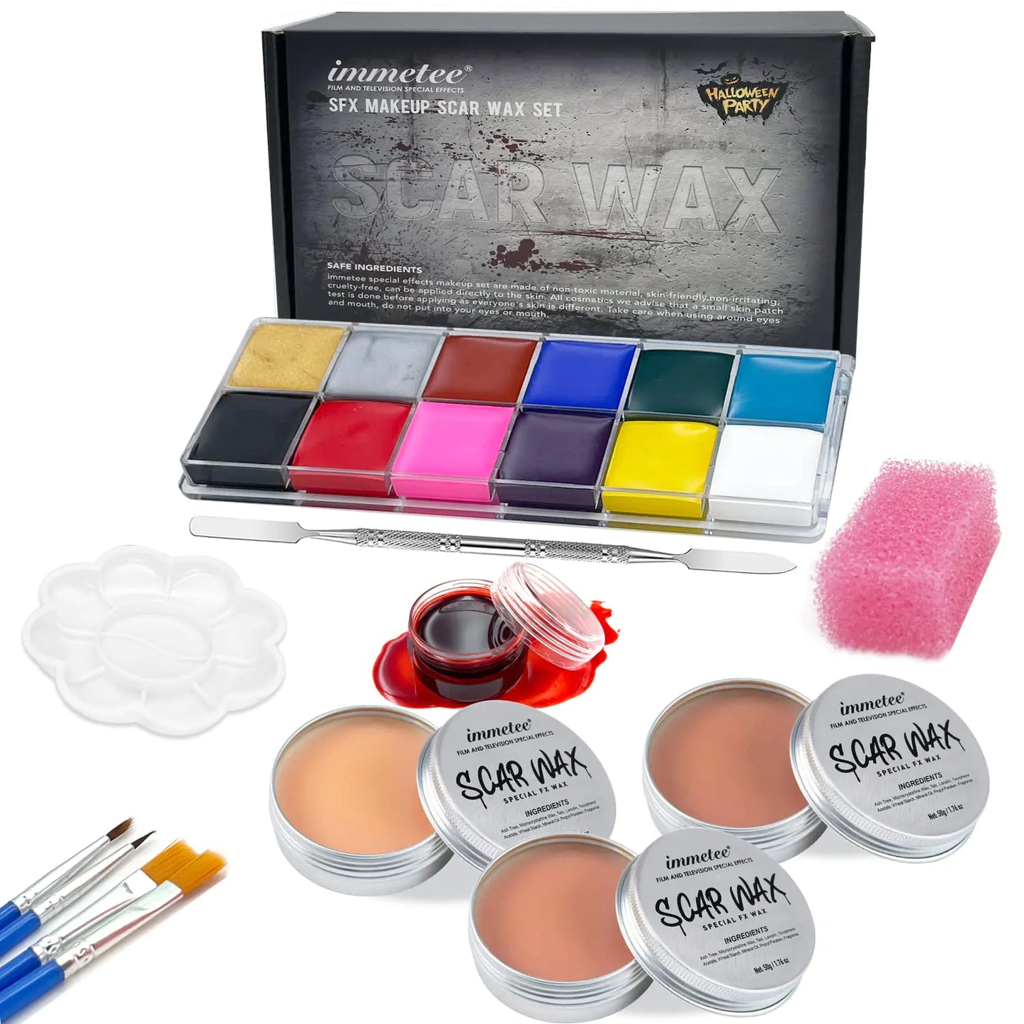 immetee Scar Wax SFX Makeup Kit Face & Body Paint Christmas Halloween Makeup Kit Fake Blood Painting Brushes Spatula Stipple Sponge Stage Theatrical Party Cosplay Carnival