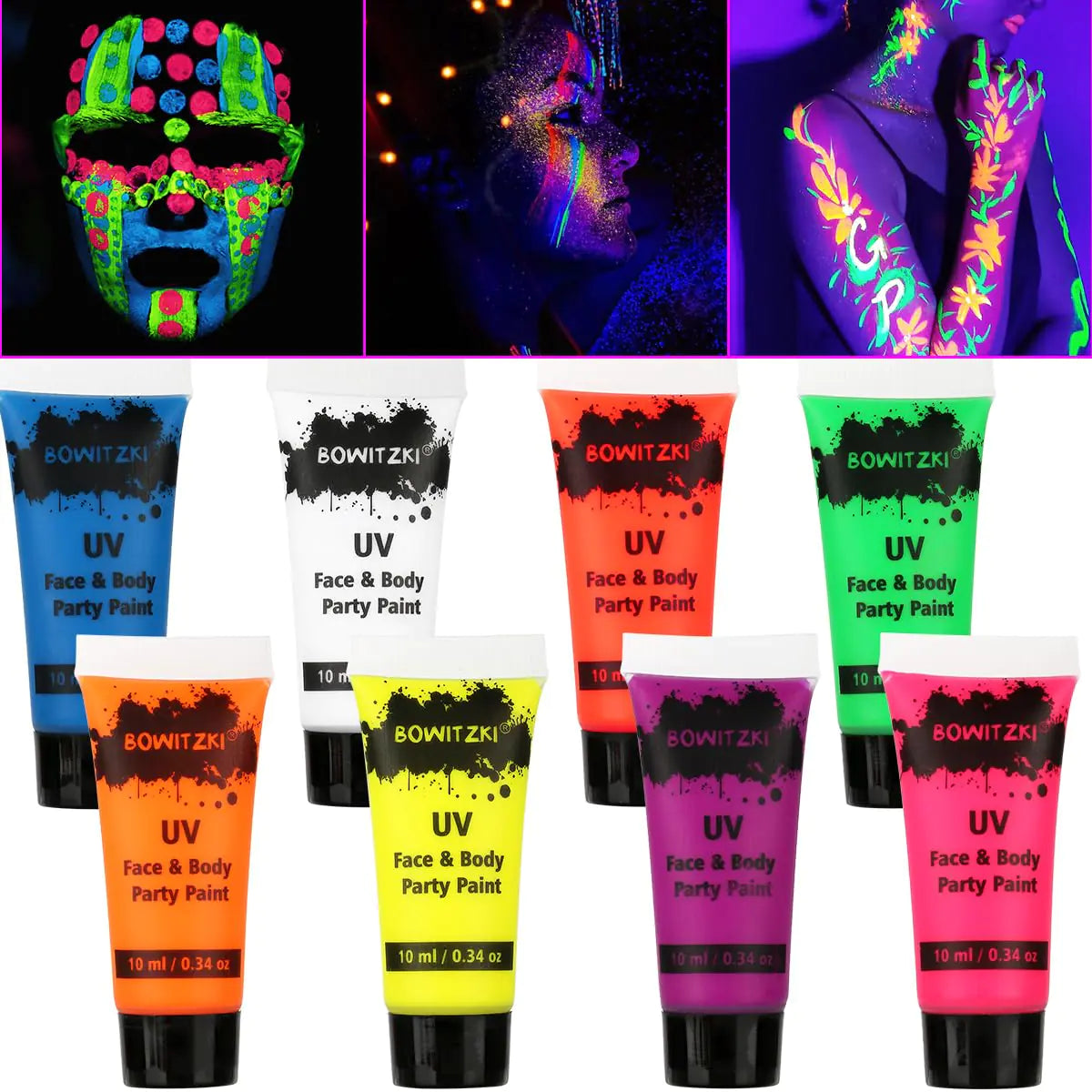 Bowitzki UV Neon Face Body Paint 8 Tubes 0.34oz Liquid Kit Black Light Glow in The Dark Makeup Set Fluorescent Painting for Adults Kids Music Festivals Party Halloween Christmas