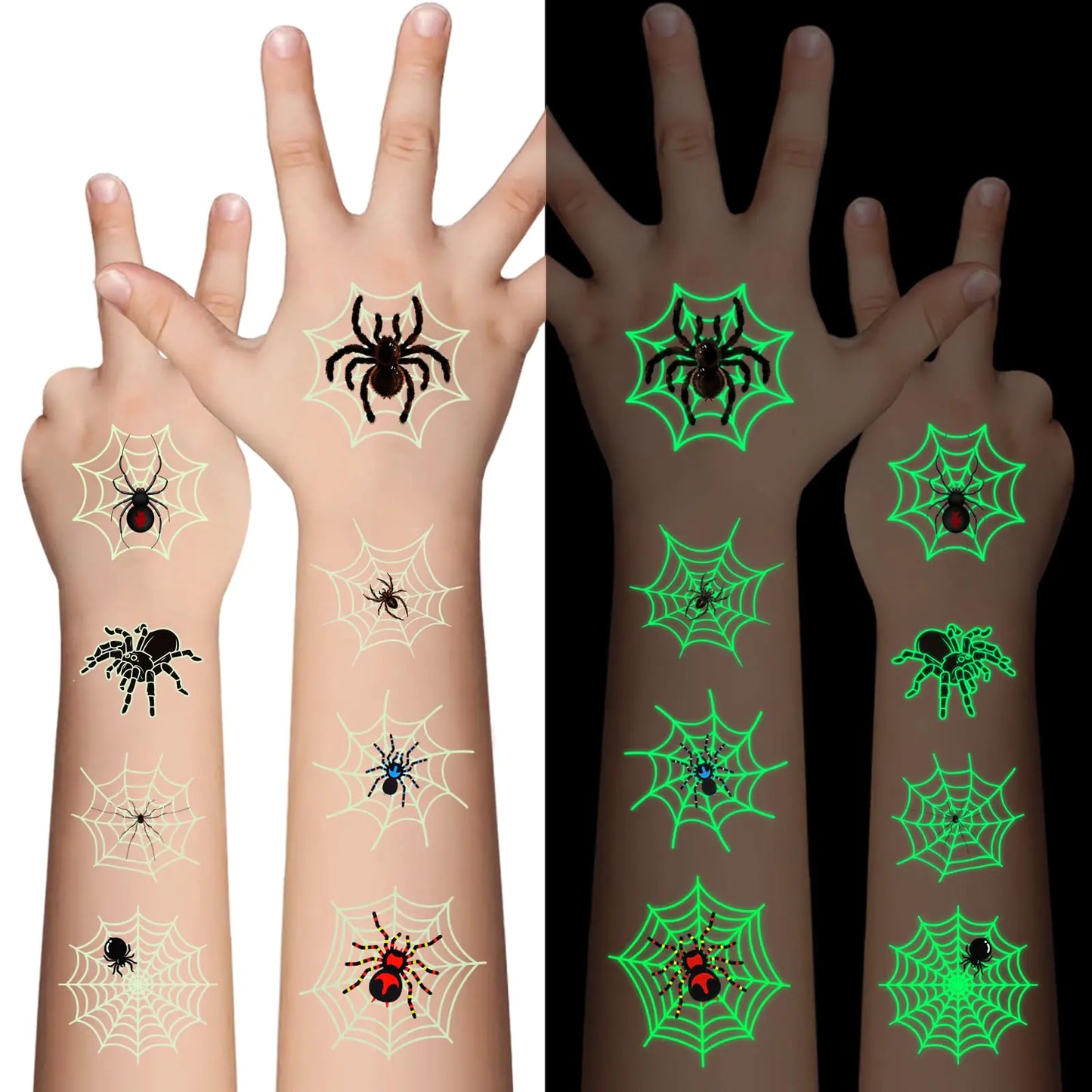 Awinmay Halloween Luminous Spider Temporary Tattoos for Kids - 10 Sheets Glow In The Dark Halloween Spider Web Tattoos for Boys and Girls Halloween Cosplay Face Makeup Accessories Holiday Party Gifts