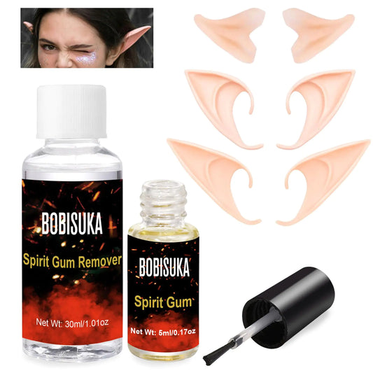 BOBISUKA Elf Ears & Spirit Gum Kit - 3 Pairs Soft Latex Fairy Pixie Ears Makeup Adhesive & Remover - Ideal for Vampire Elven & Masquerade Cosplay - Perfect for Halloween & Costume Party