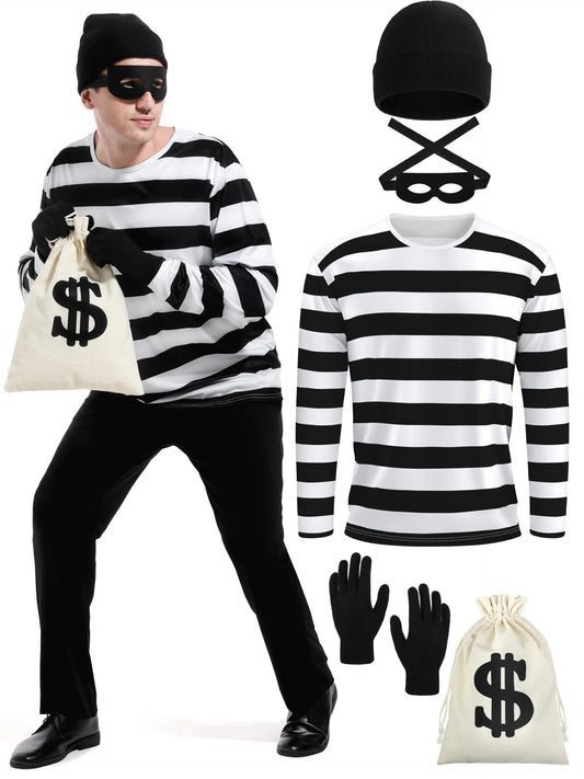 FancyFun 5 Pieces Halloween Costume Set Mens Robber Costume Halloween Cosplay Costumes Burglar Accessories Striped Shirt for Adult S