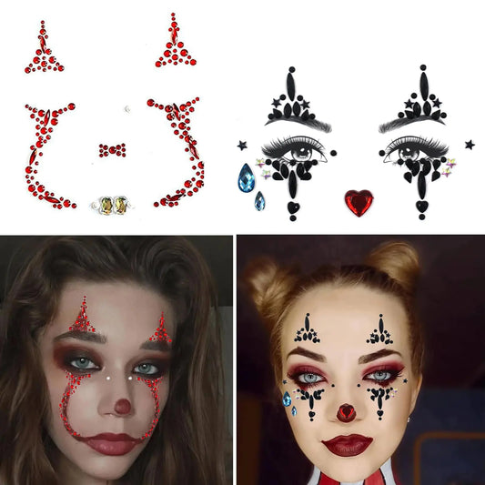 Halloween Clown Face Gems Jewels Day of the Dead Rhinestone Face Jewels Temporary Skull Tattoos for Women Halloween Makeup Costume